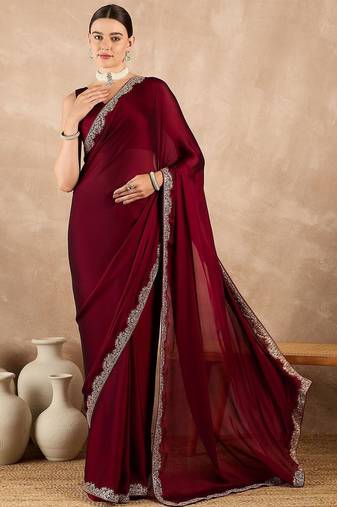 Maroon satin saree