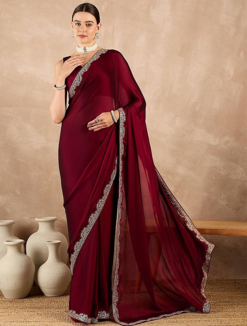 Maroon satin saree