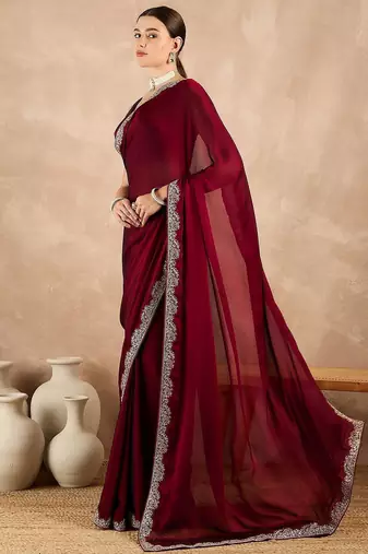 Maroon satin saree