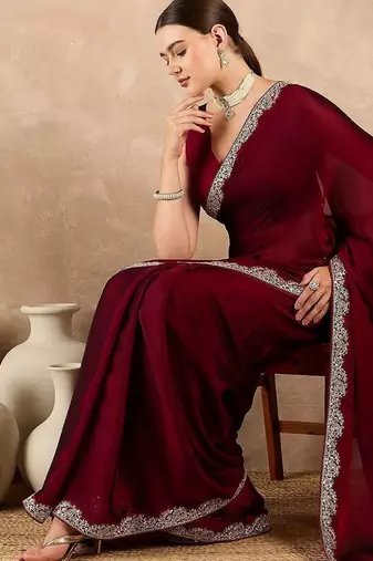 Maroon satin saree