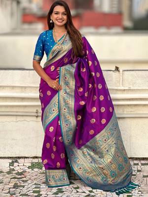 Purple ethnic motifs woven design zari kanjeevaram saree 1