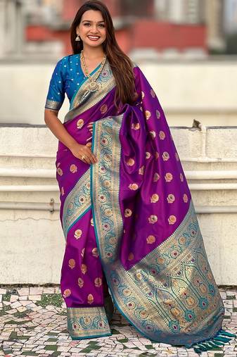 Purple ethnic motifs woven design zari kanjeevaram saree