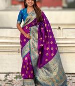 Purple ethnic motifs woven design zari kanjeevaram saree