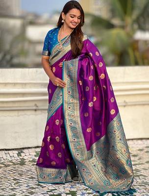 Purple ethnic motifs woven design zari kanjeevaram saree 2
