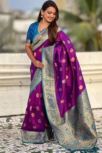 Purple ethnic motifs woven design zari kanjeevaram saree