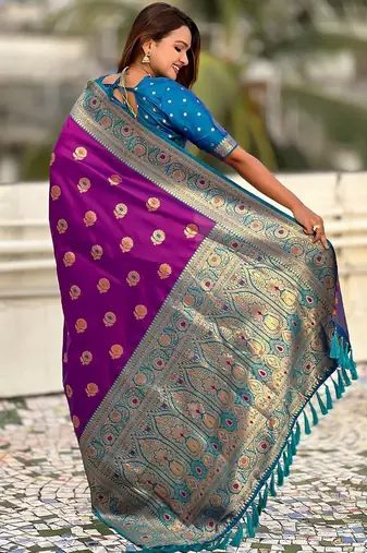 Purple ethnic motifs woven design zari kanjeevaram saree