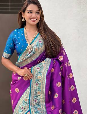Purple ethnic motifs woven design zari kanjeevaram saree 4