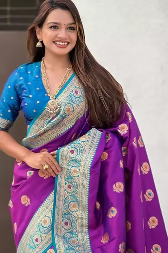 Purple ethnic motifs woven design zari kanjeevaram saree