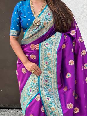 Purple ethnic motifs woven design zari kanjeevaram saree 5