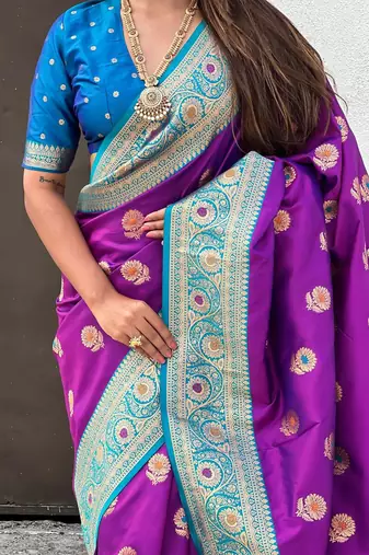Purple ethnic motifs woven design zari kanjeevaram saree