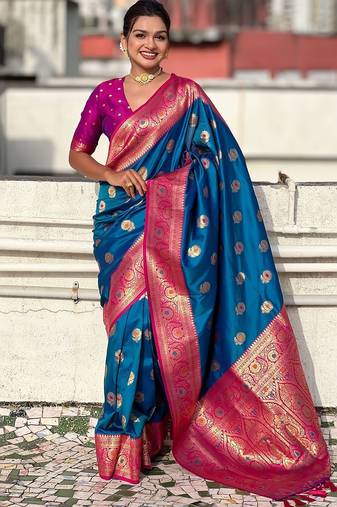 Blue ethnic motifs woven design zari kanjeevaram saree