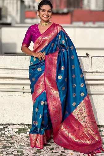 Blue ethnic motifs woven design zari kanjeevaram saree