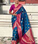 Blue ethnic motifs woven design zari kanjeevaram saree