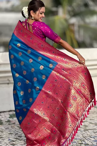 Blue ethnic motifs woven design zari kanjeevaram saree
