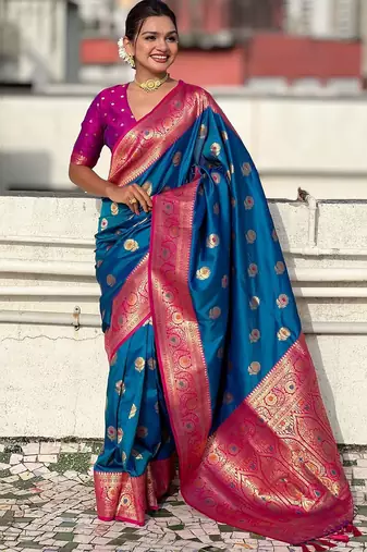 Blue ethnic motifs woven design zari kanjeevaram saree