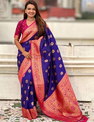Violet ethnic motifs woven design zari  kanjeevaram saree 1