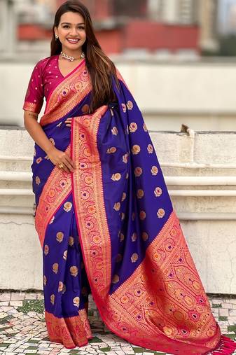 Violet ethnic motifs woven design zari  kanjeevaram saree
