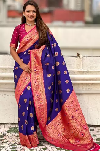 Violet ethnic motifs woven design zari  kanjeevaram saree