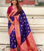 Violet ethnic motifs woven design zari  kanjeevaram saree