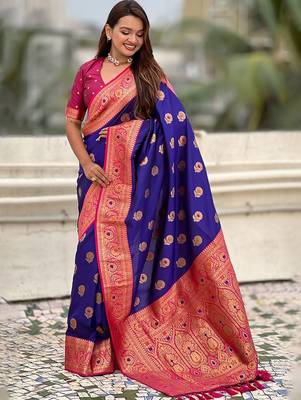 Violet ethnic motifs woven design zari  kanjeevaram saree 2