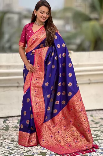 Violet ethnic motifs woven design zari  kanjeevaram saree