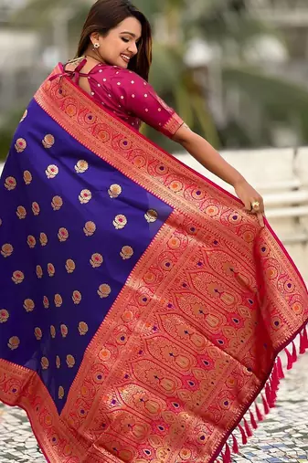 Violet ethnic motifs woven design zari  kanjeevaram saree