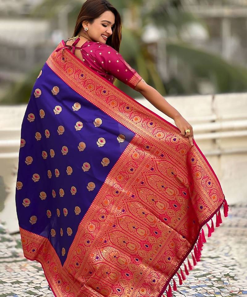 Violet ethnic motifs woven design zari  kanjeevaram saree