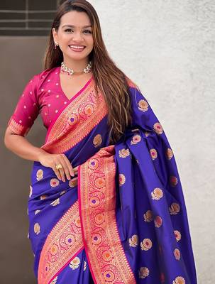 Violet ethnic motifs woven design zari  kanjeevaram saree 4