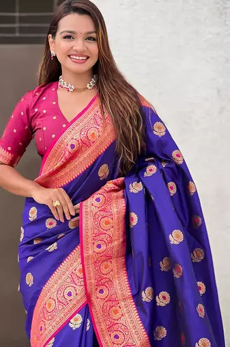 Violet ethnic motifs woven design zari  kanjeevaram saree