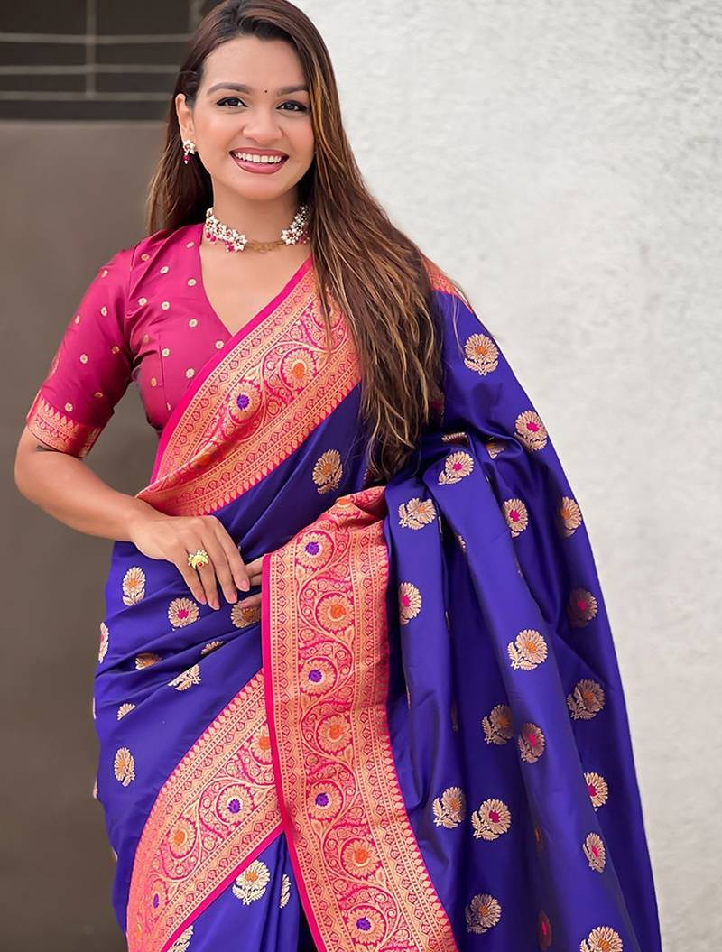 Violet ethnic motifs woven design zari  kanjeevaram saree