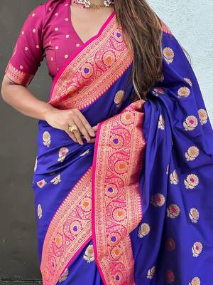 Violet ethnic motifs woven design zari  kanjeevaram saree 5