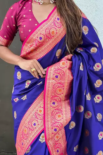 Violet ethnic motifs woven design zari  kanjeevaram saree