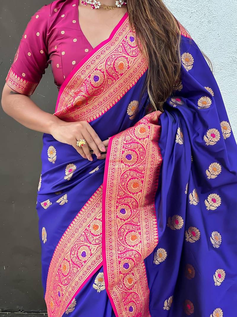 Violet ethnic motifs woven design zari  kanjeevaram saree