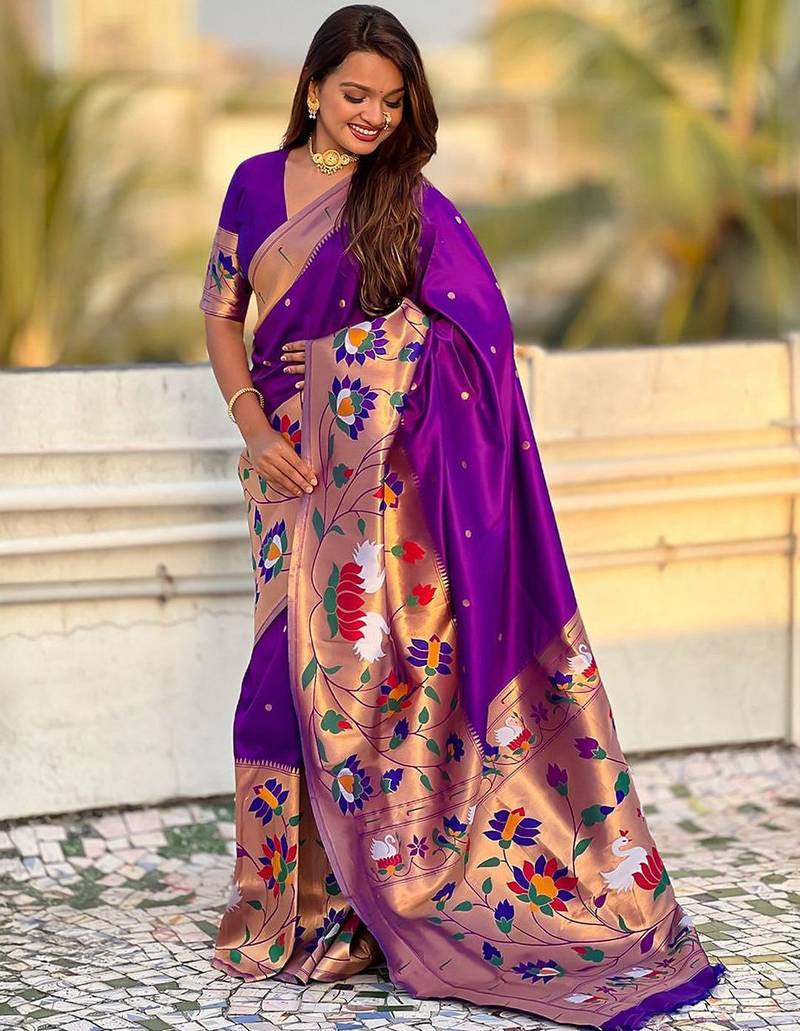 Purple woven design zari paithani saree