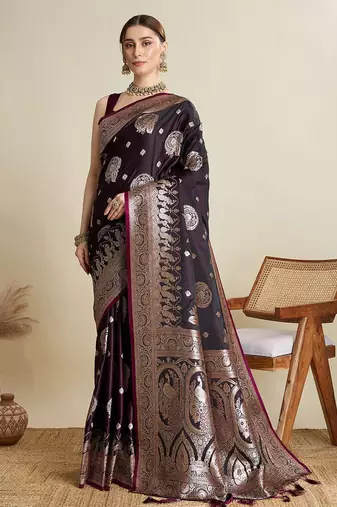 Magenta ethnic motifs woven design zari banarasi saree