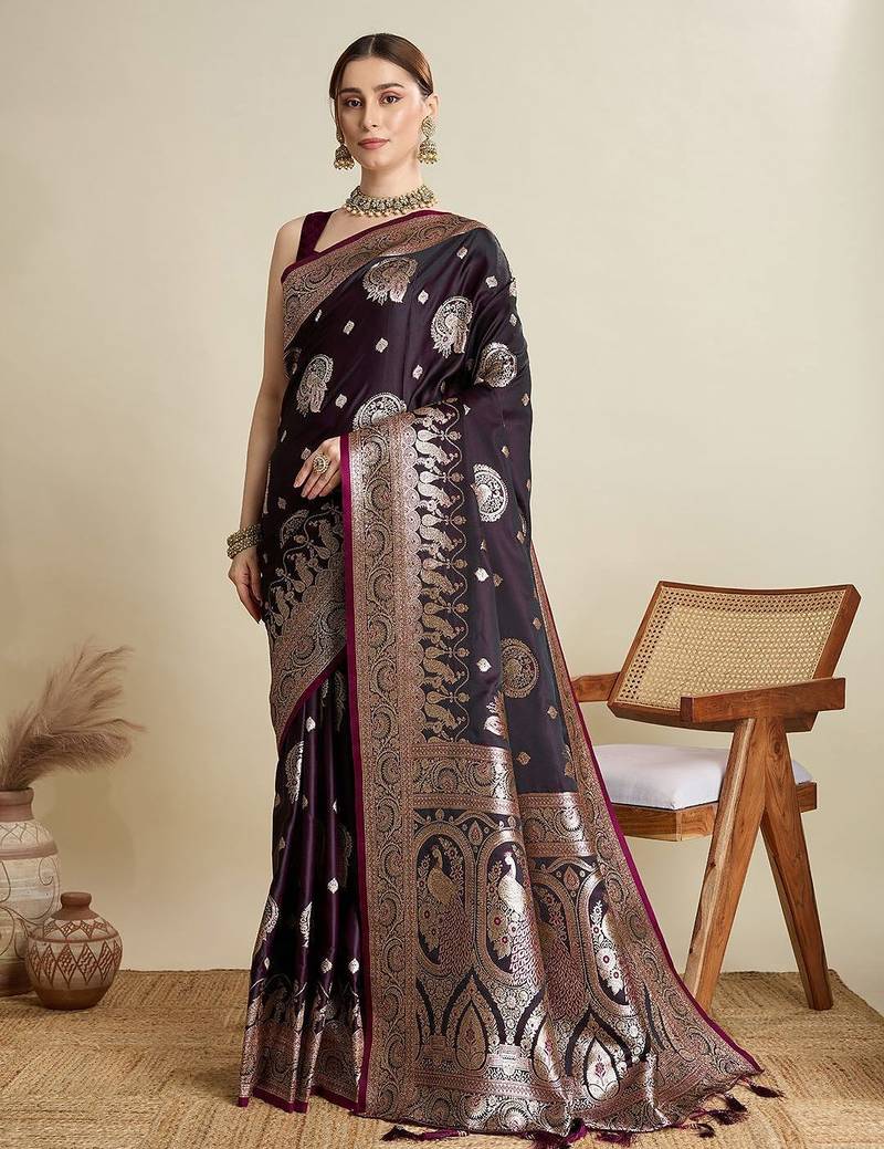 Magenta ethnic motifs woven design zari banarasi saree