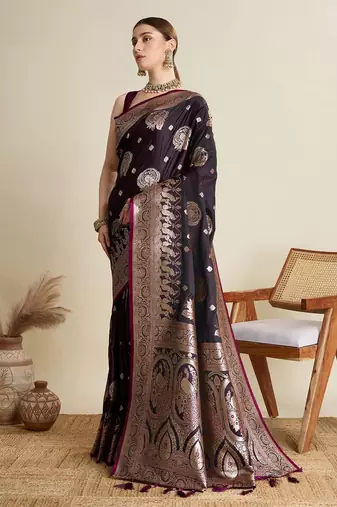 Magenta ethnic motifs woven design zari banarasi saree