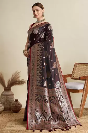 Maroon woven design ethnic motifs zari banarasi saree