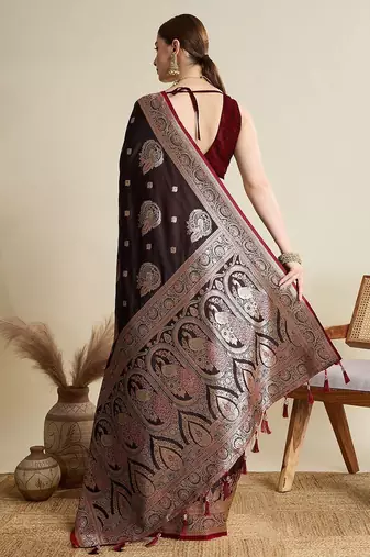 Maroon woven design ethnic motifs zari banarasi saree