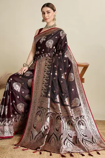 Maroon woven design ethnic motifs zari banarasi saree