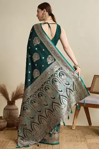 Green ethnic motifs woven design zari banarasi saree