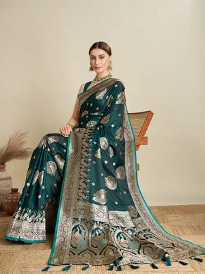 Green ethnic motifs woven design zari banarasi saree 4
