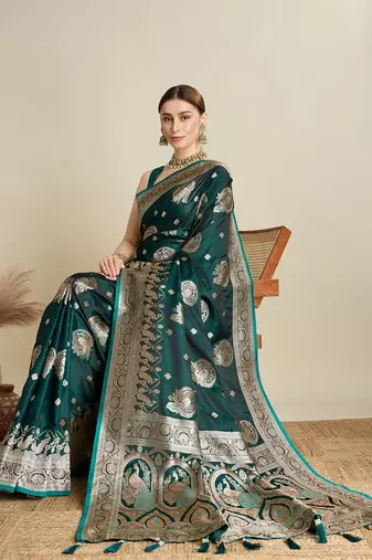 Green ethnic motifs woven design zari banarasi saree