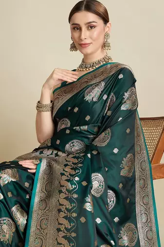 Green ethnic motifs woven design zari banarasi saree