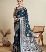 Teal ethnic motifs woven design zari banarasi saree with blouse piece