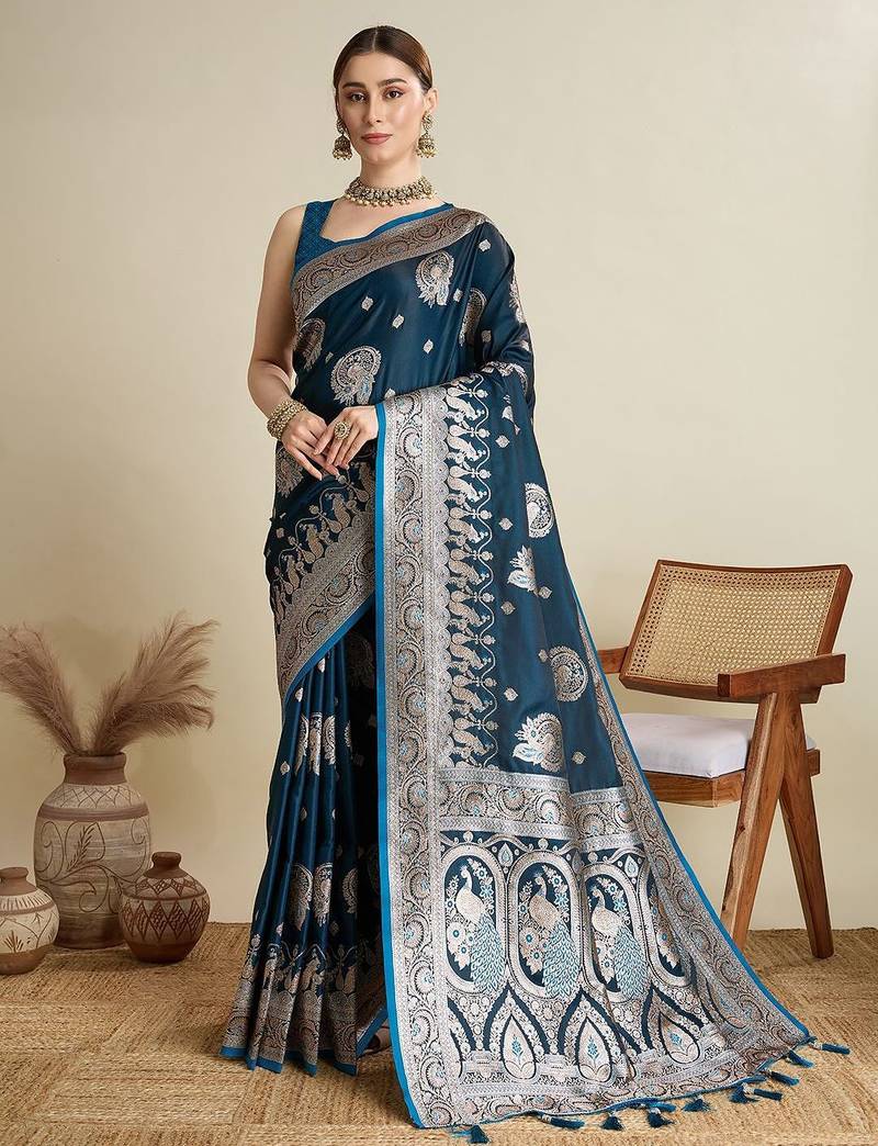 Teal ethnic motifs woven design zari banarasi saree with blouse piece