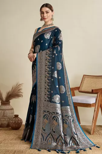 Teal ethnic motifs woven design zari banarasi saree with blouse piece