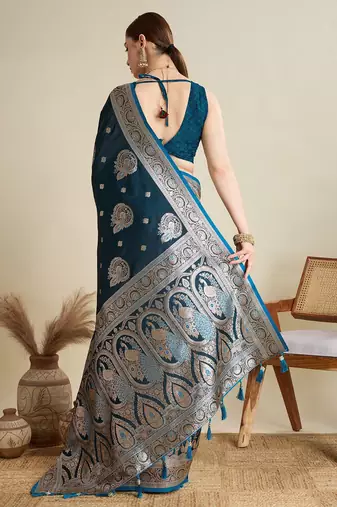 Teal ethnic motifs woven design zari banarasi saree with blouse piece