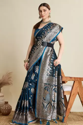 Teal ethnic motifs woven design zari banarasi saree with blouse piece