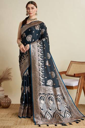 Black ethnic motifs woven design zari  banarasi saree